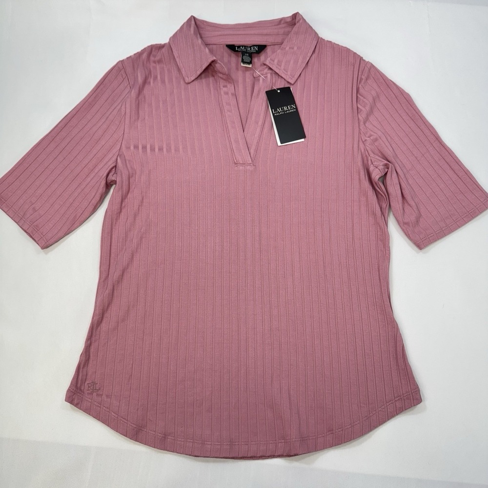 Lauren Ralph Lauren Rose Muave Ribbed Polo Blouse Preppy Office Womens Large NEW - Picture 5 of 13